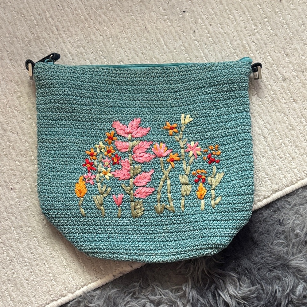 Embroidered Floral Teal Crossbody Bag